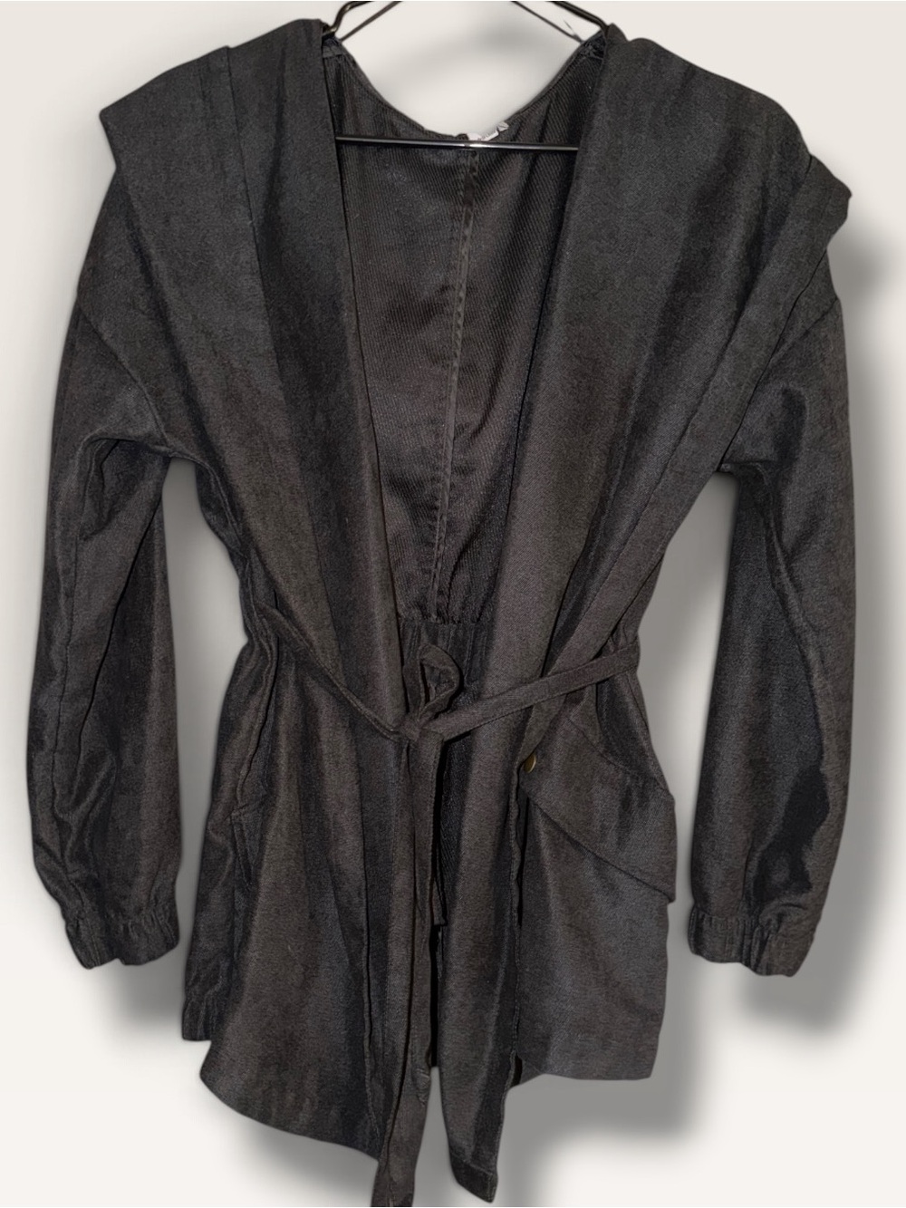 Favlux Fashion Black Belted Hooded Jacket-Open Front
